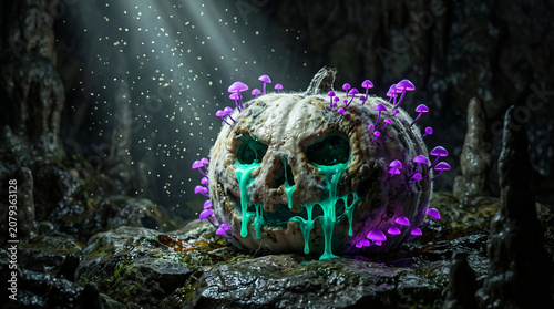 Spooky Rotting Jack-o'-lantern with Bioluminescent Mushrooms in a Dark Cave