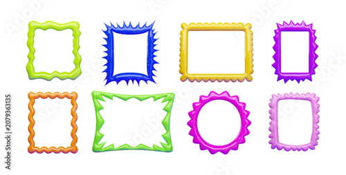 Vibrant set of 3d vector glossy, colorful frames isolated on white. Features wavy, spiky, and liquid cartoon border shapes in neon green, blue, yellow, pink, and orange.