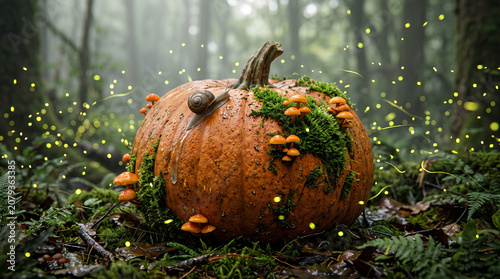 Magical Pumpkin Covered in Moss and Mushrooms in an Enchanted Forest