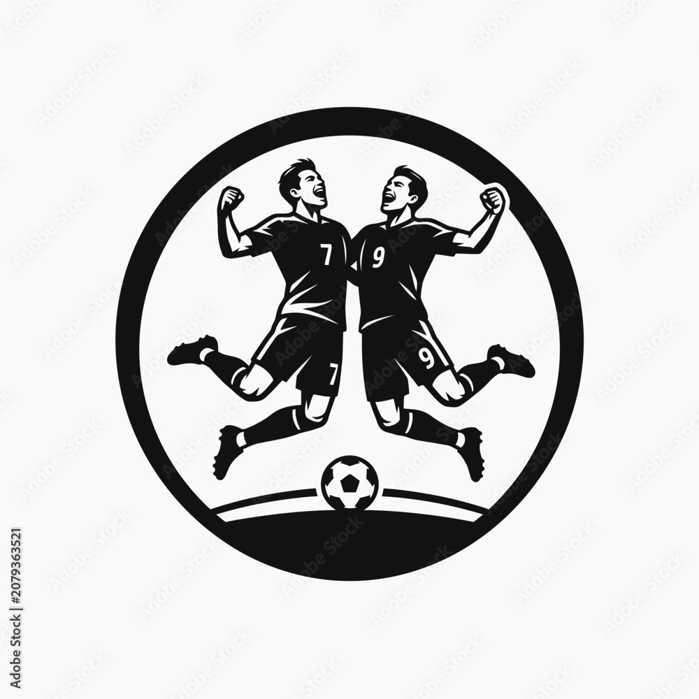 Obraz premium Two Soccer Players Celebrating Victory with Ball.