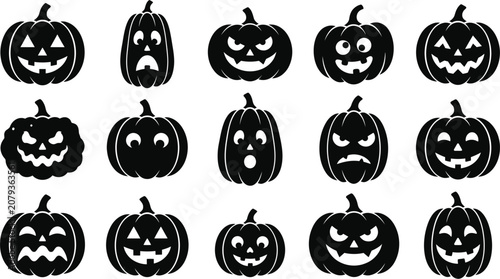 Fotografía Set of black halloween pumpkin silhouettes with various funny and scary jack o l