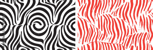 Seamless zebra stripe patterns with black and red wavy lines vector illustration for textile and background design