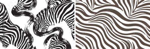 Zebra seamless pattern set with hand drawn artistic animal illustrations and abstract stripe textures for textile and fashion design