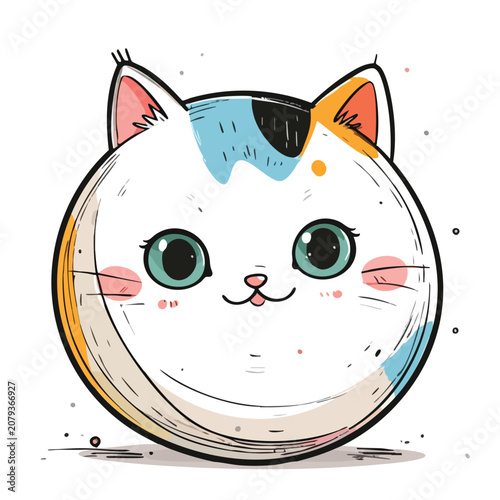Cute Cartoon Calico Cat Face Round Illustration.