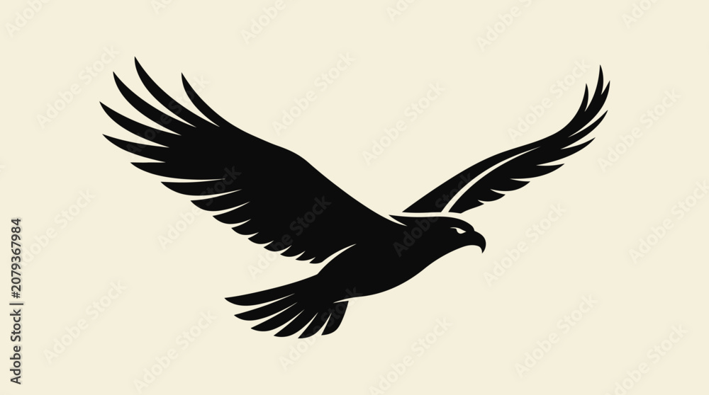 Fototapeta premium Minimalist black silhouette of a soaring eagle bird in flight isolated on a light background.