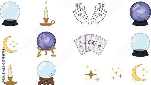 Cuadro en lienzo Esoteric witchcraft illustration collection with purple galaxy crystal balls div