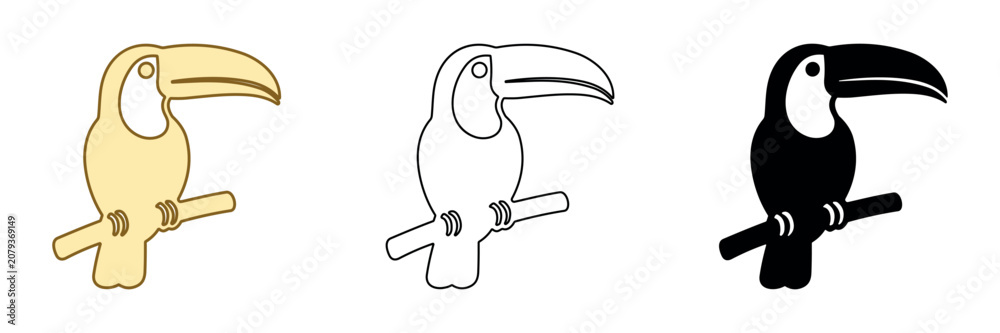 Fototapeta premium Three toucan icons in different styles: outline, filled, and silhouette