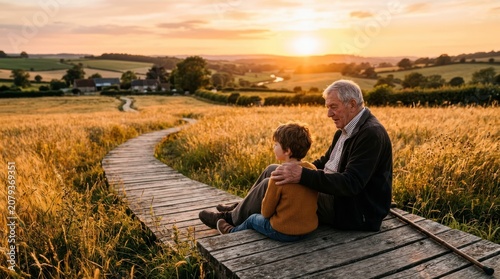 An elderly man and a young boy sit on a wooden path in a golden field at sunset. The grandfather and grandson share a moment of connection amidst the picturesque landscape.