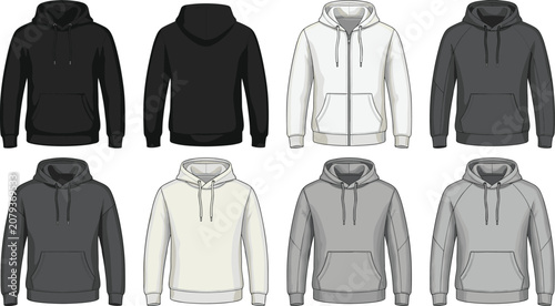 Tableau sur toile Blank hoodie apparel vector mockup set featuring front and back views of black white grey pullover sweatshirts and full zip hooded jackets