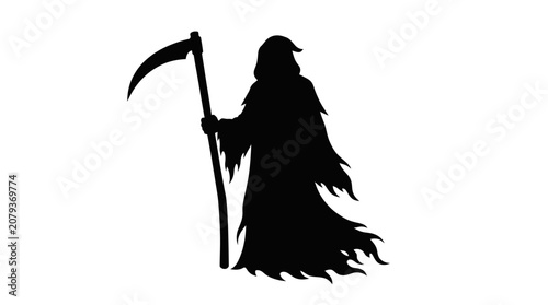 Foto grim reaper silhouette, death icon, black vector, scythe symbol, Halloween graph