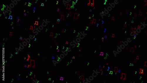 Colorful music note icons drift across a black background as looping music particles with alpha channel for seamless video overlays.