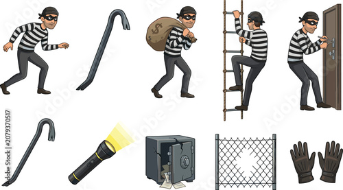 Canvastavla Burglar vector cartoon icon set with thief character in striped shirt sneaking carrying money sack climbing ladder lockpicking door crowbars flashlight safe