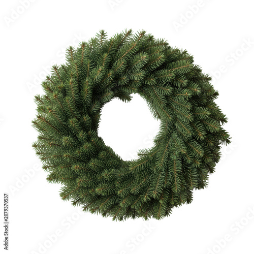 a photorealistic, perfectly circular, unadorned christmas wreath of lush deep-green fir and pine branches, centrally framed against a transparent studio background with copy space. minimalist
