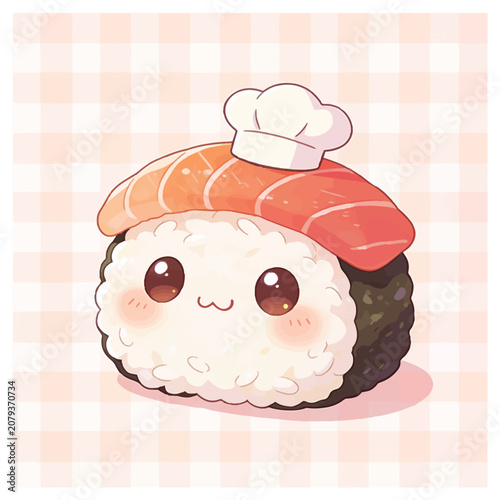 Cute cartoon sushi with a chef hat on, smiling adorably on a checkered background
