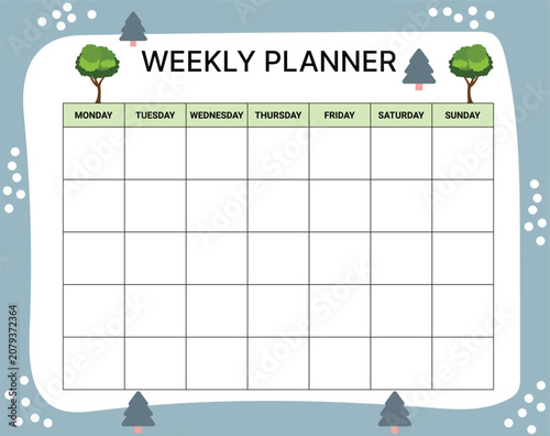 Weekly blank schedule planner template with days of the week and decorative green leaf elements on a soft blue grid.