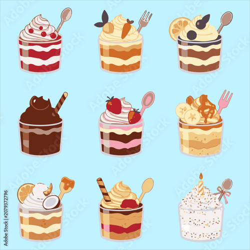 Collection of nine delicious layered dessert cups with fruit toppings and spoons on light blue background flat design