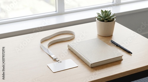 Onboarding Concept, Clean Office Desk with a Blank White ID Badge and Lanyard for a New Hire
