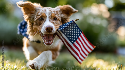A happy dog bounding across bright sunlit grass carrying a small American flag candid playful summer scene soft greenery behind pet patriotism with copy space