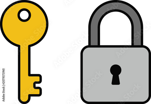 Cartoon vector illustration of a golden key and grey padlock representing security, privacy and access control