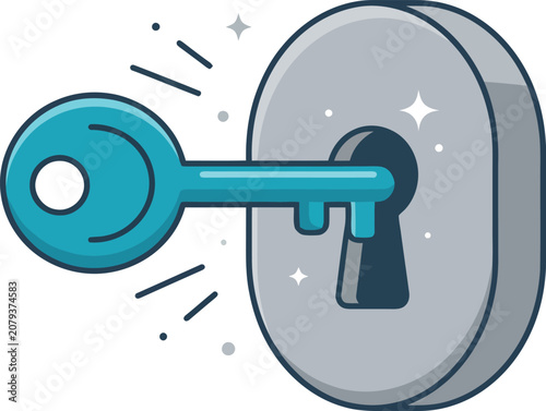 Cartoon Vector Illustration of a Blue Key Inserting into a Lock Keyhole representing Security and Access