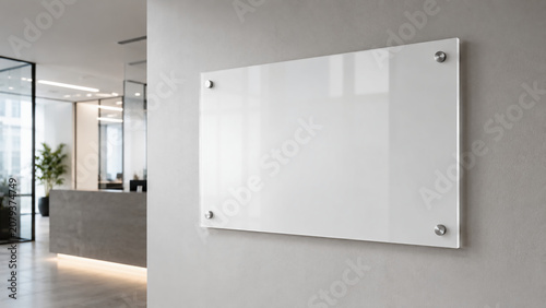 A modern office interior with a blank white glass board mounted on a gray wall, featuring minimalist design and natural lighting.