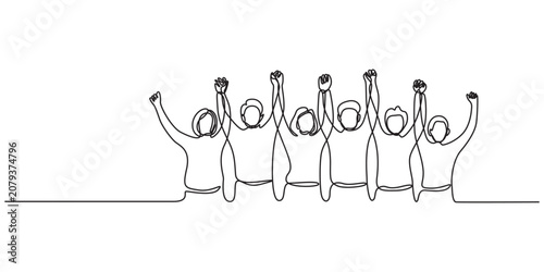 Continuous one line art vector illustration of people raising hands together in solidarity, transparent background, Three people celebrating with raised fists. Continuous line style. Hand drawn. Line.