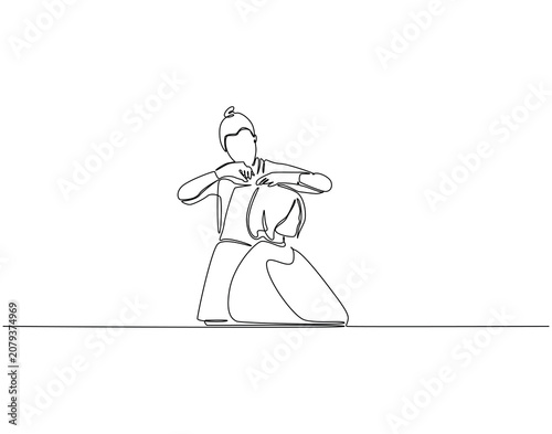 Hairdresser cutting woman's hair continuous line art. hairdresser cut woman hair one line drawing. Hair style concept vector illustration
