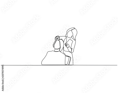 Hairdresser cutting woman's hair continuous line art. hairdresser cut woman hair one line drawing. Hair style concept vector illustration
