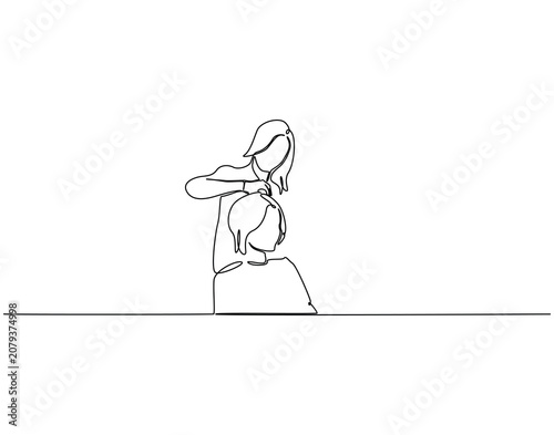 Hairdresser cutting woman's hair continuous line art. hairdresser cut woman hair one line drawing. Hair style concept vector illustration