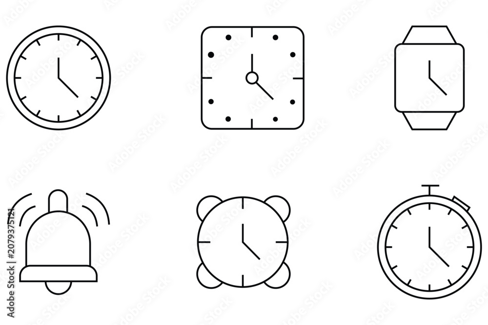 Fototapeta premium Time and Alarm Line Icons Set with Clock, Stopwatch, Bell and Smartwatch Vector Illustration