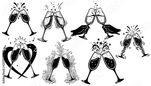 Festive wedding and party toast set. Champagne, wine glasses cheers celebration. Anniversary, congratulations, success, romantic, entertainment concept. Glasses illustration for greeting card