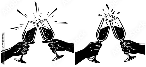 Two hands cheering with champagne glasses vector illustration. Clinking champagne glasses icon, black and white celebration graphic. Hands toasting with sparkling wine glasses, simple minimalist set
