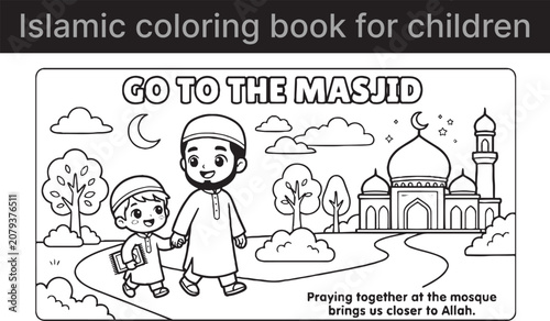 Islamic scene with children and mosque illustration for coloring book pages