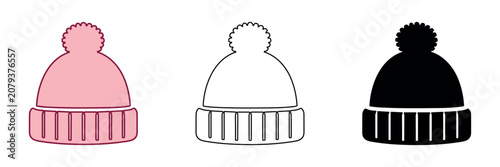 Tableau sur toile Collection of three winter beanies with pom-poms in different styles