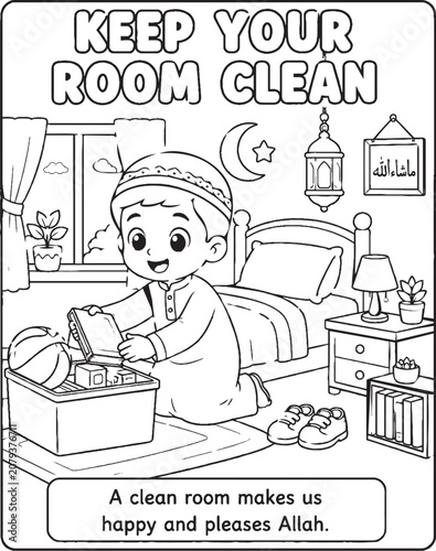 Islamic manners illustration of a boy tidying his room black and white line art