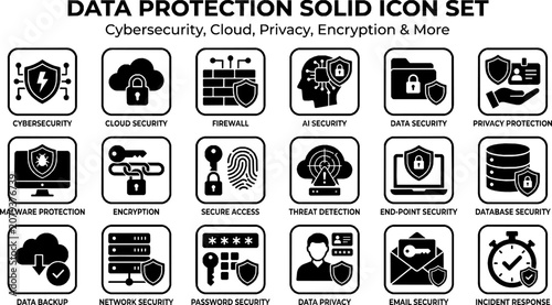 Data protection solid icon set. Featuring cybersecurity, cloud security, firewall, AI security, data security, privacy protection, encryption, and more icons. Solid icon collection