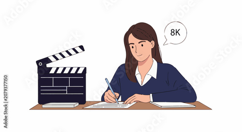 A person writes at a desk with a clapperboard and speech bubble indicating 8K