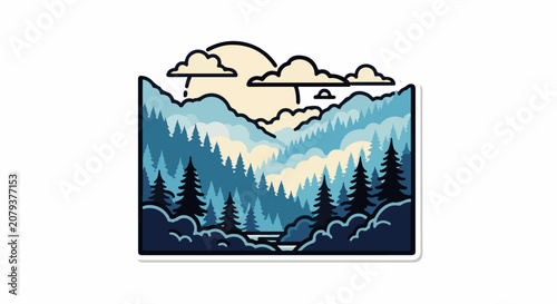 A serene mountain landscape with trees and clouds