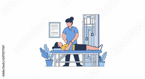 A physiotherapist assists a patient on an examination table