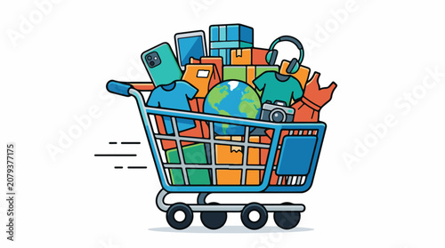 A shopping cart overflowing with various items