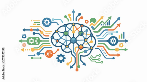 A stylized brain composed of nodes and lines surrounded by arrows and gears