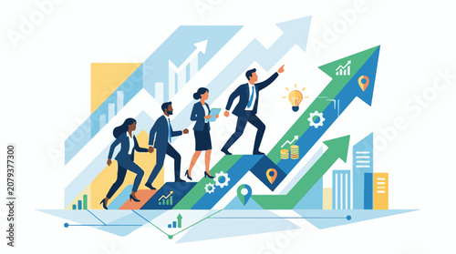 Business professionals ascend arrows with graphs and symbols