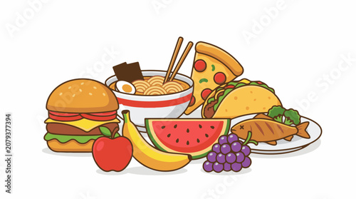 Colorful cartoon illustration of various foods (5)
