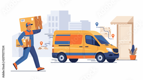 Delivery worker carrying boxes to a van