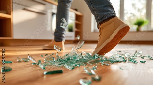 A person accidentally steps on broken glass on a wooden floor indoors.
