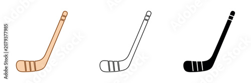 Canvas Print Set of three hockey stick icons in different styles: colored, outline, and silho