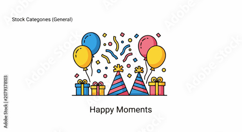 Festive celebration with balloons party hats gifts and confetti