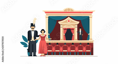 Elegant couple in formal attire at a vintage theatre performance