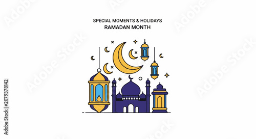 Festive Ramadan illustration with a crescent moon mosque and lanterns