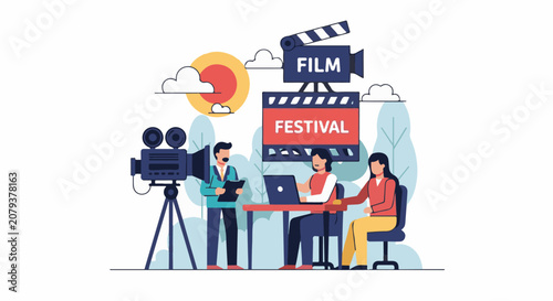 Flat illustration depicting a film festival with people cameras and movie-making equipment
